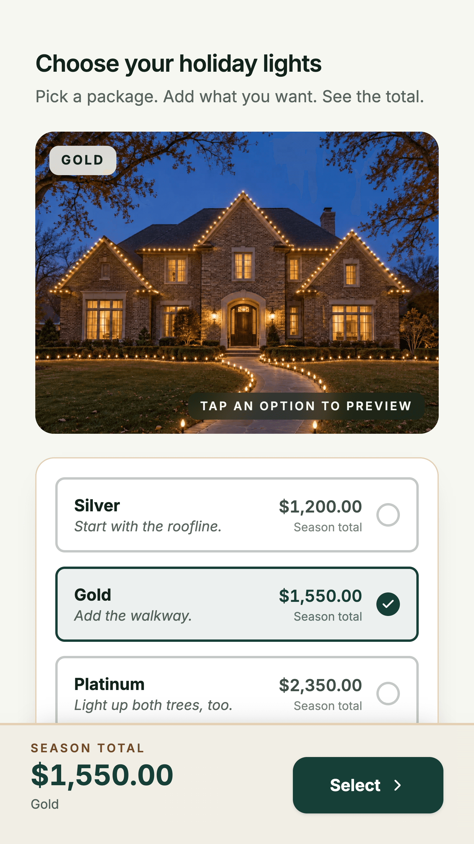 Sample Showcase proposal on a phone: Choose your holiday lights, with Silver, Gold, and Platinum packages and a running season total