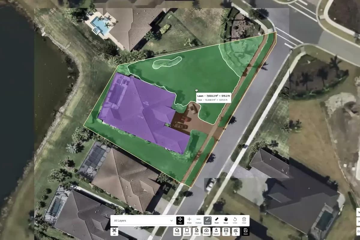 LaunchPad Map measuring lawn and hardscape surfaces from aerial imagery, with measurements shown on the property