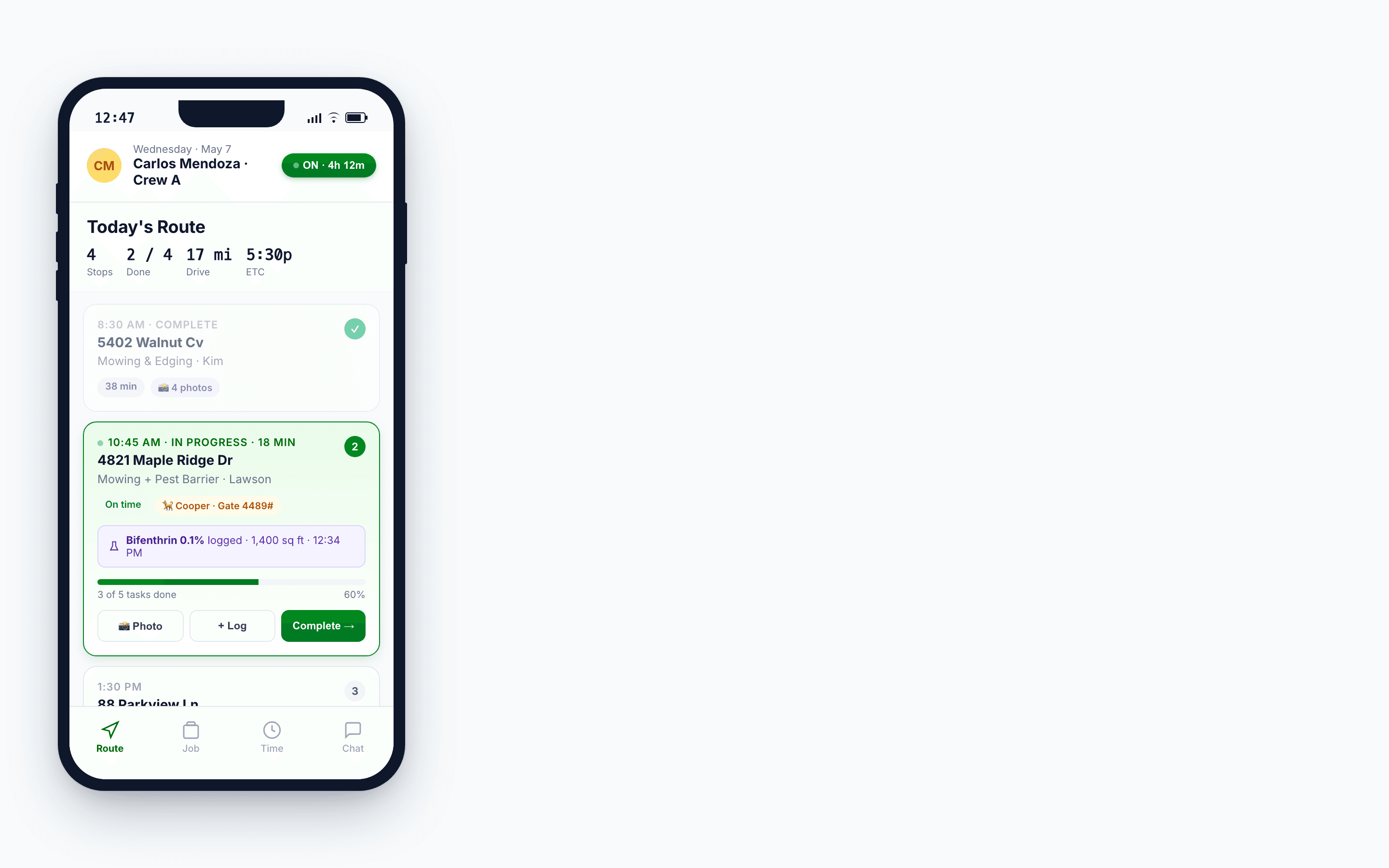 LaunchPad Crew mobile app showing daily route, job details, and crew tools