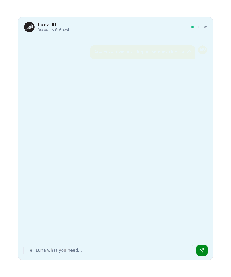 Luna AI chat surfacing three upsell opportunities worth $1,350, with the offers drafted and ready to send